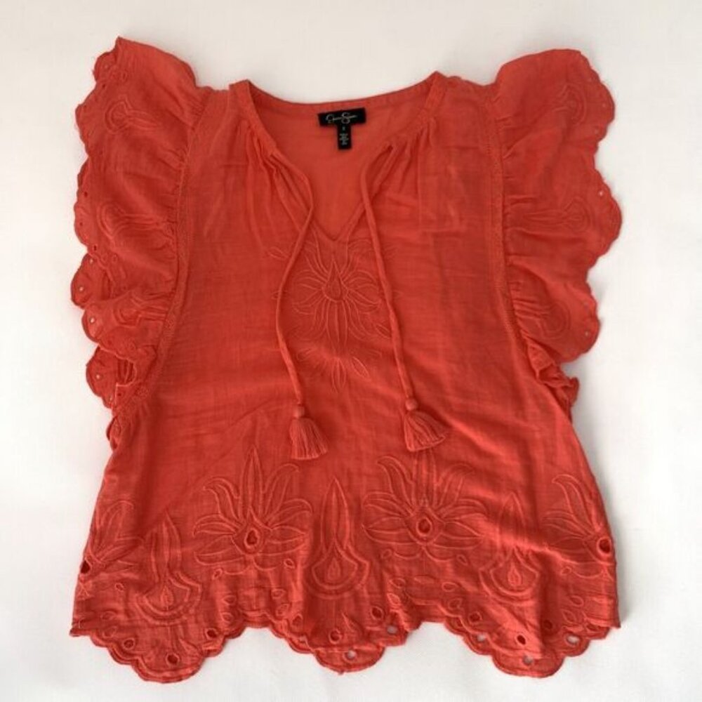 Jessica Simpson Top Women S Coral Pink Eyelet Tassel Tie Flutter Boho Preppy